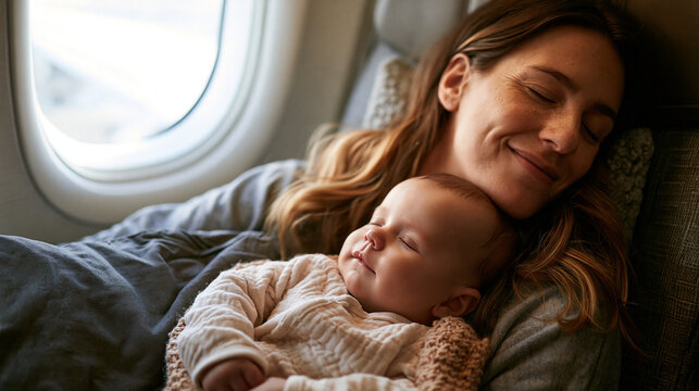 Friedliche junge Mutter mit Baby schlafen entspannt am Flugzeugfenster w&auml;hrend eines Fluges. Konzept f&uuml;r stressfreies Reisen mit Kindern und Familienurlaub. Generative KI
