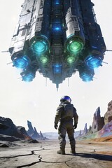 Fototapeta premium Epic sci-fi book cover background featuring a lone astronaut facing a colossal futuristic spaceship hovering over a barren cracked alien planet, vast copy space