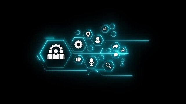 A professionals engages in a collaborative over illustrating business concepts with innovative graphics and icons that symbolize teamwork and strategy. Trope black background.