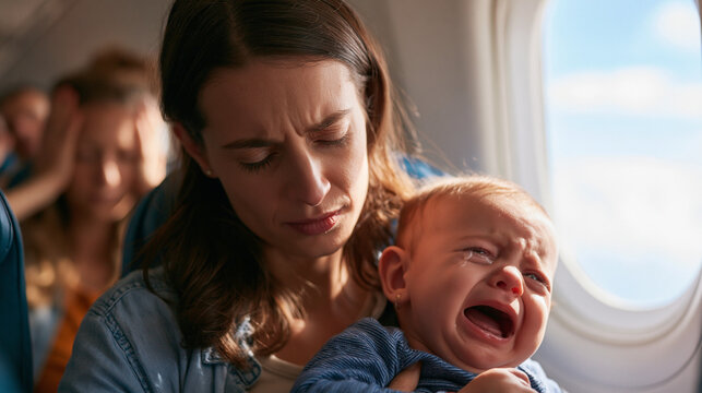 Stressed young mother holding a crying baby during an airplane flight with annoyed passengers covering ears in the background