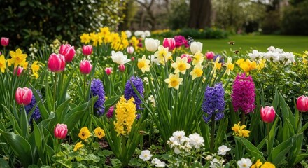 Fototapeta premium Vibrant Spring Flower Garden with Tulips Daffodils and Hyacinths in Bloom.
