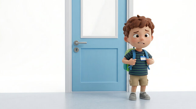 3d illustration of a nervous schoolboy standing in front of a blue door