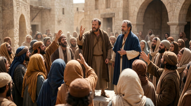 Apostle Paul and Barnabas preaching to a desert crowd in ancient city, Religious conflict and biblical persecution scene, Historical reenactment of the Acts of the Apostles in Jerusalem