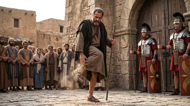Apostle Paul shaking off dust from foot in front of Roman soldiers and crowd, Biblical scene from Acts 13 depicting early Christian missionaries being expelled from ancient city. Cinematic 1-1