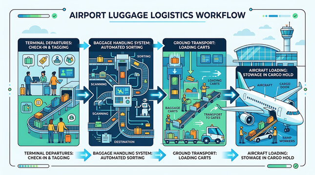 Infographic vector illustration showing the step-by-step process of airport baggage handling from check-in to aircraft loading