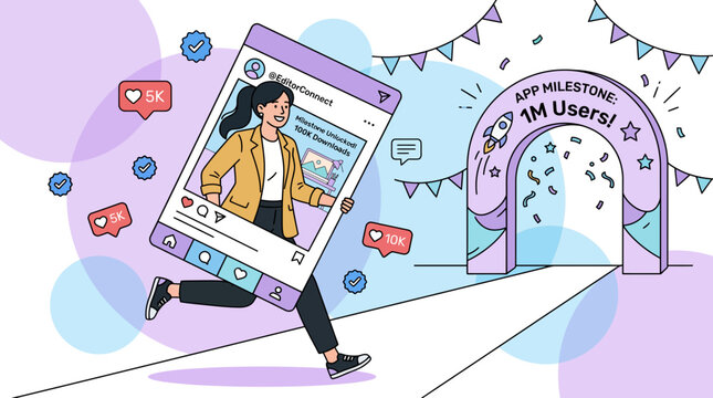 Woman holding giant smartphone celebrating social media app milestone of one million users