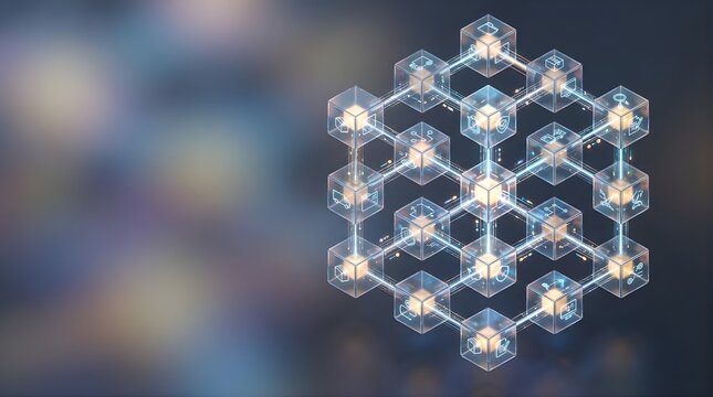 Digital blockchain network with glowing cubes and technology icons