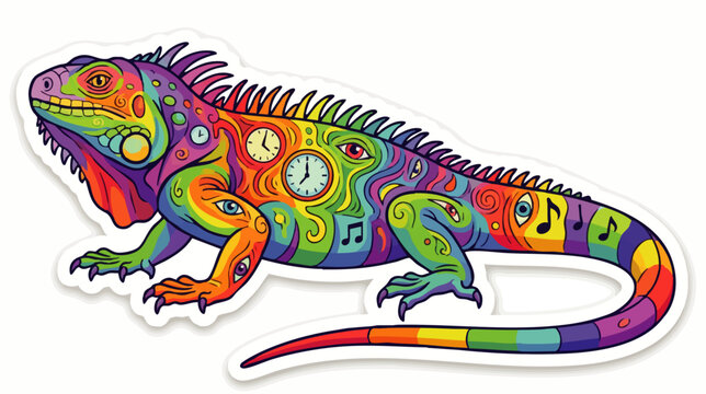 Colorful Psychedelic Iguana Sticker with Rainbow Patterns Clocks and Eyes