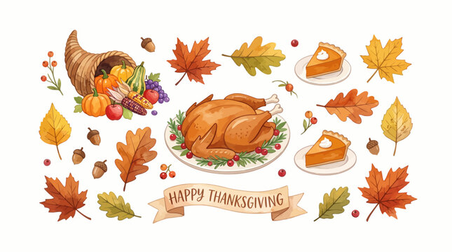 Hand-painted watercolor Thanksgiving feast collection with roasted turkey pumpkin pie and autumn leaves
