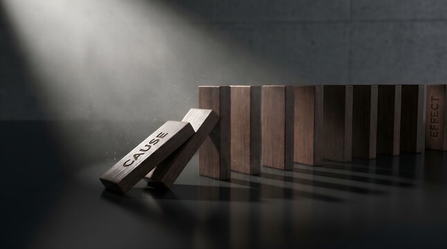 Symbolic 'CAUSE' block triggering a profound domino chain reaction, casting extensive shadows in a dramatic spotlight