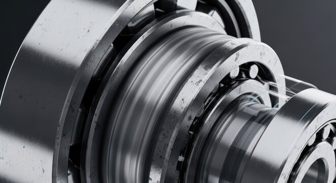Close-up view of a complex industrial machine bearing assembly with rotating parts.