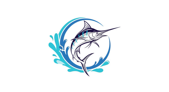 Marlin Fish Jumping Blue Water Splash Circle Logo Icon