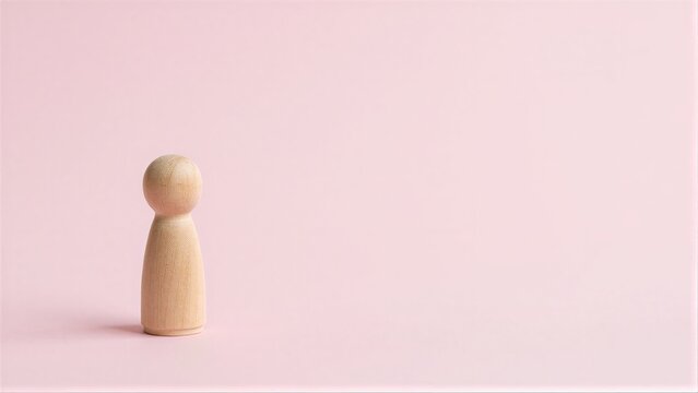 Wooden figure stands alone on soft pink background, minimalist and serene.