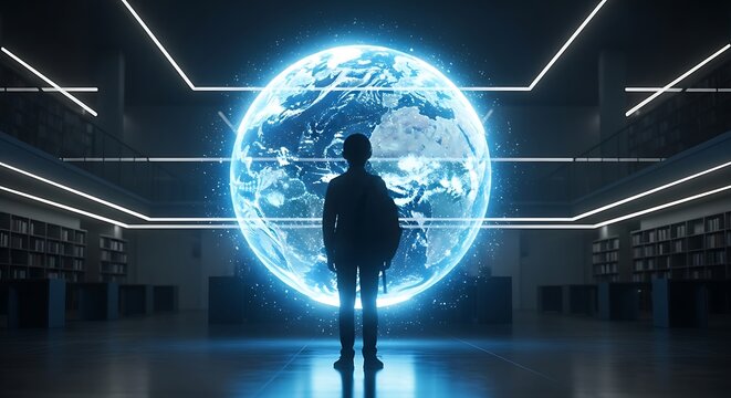Silhouetted Person Facing Glowing Blue Earth in Modern Library