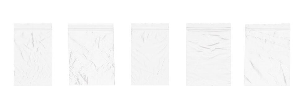 Five white crumpled plastic bags isolated on transparent background for packaging