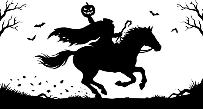 Halloween Headless Horseman on Horse Black Silhouette Vector Illustration