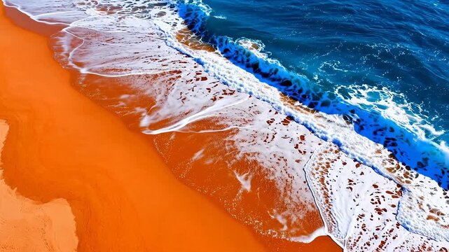 Aerial view of ocean waves on orange sand
