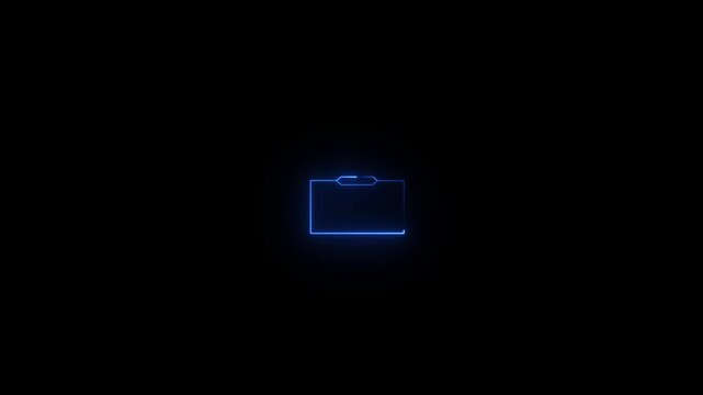 Neon folder icon pulsating with blue light on dark black background motion graphic.