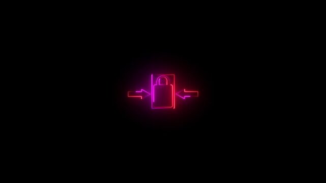 Neon padlock icon with arrows motion animation isolated on black background video.