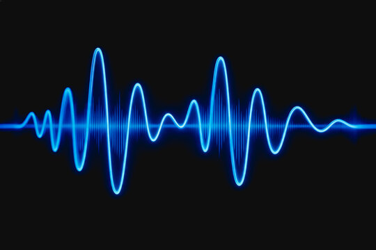 A bright blue neon-style sound wave visualization displayed against a solid dark background, representing audio signals and frequency patterns.