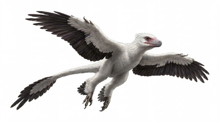 Obraz premium Microraptor zhaoianus gliding in a semi-lateral lower view, showing four-wing configuration and accurate feathered anatomy in a detailed scientific paleontological reconstruction isolated on white bac