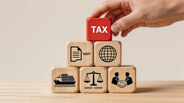 Hand placing red tax block on wooden pyramid with tariff, import export icons, symbolizing global trade finance and customs duty regulations for business logistics.