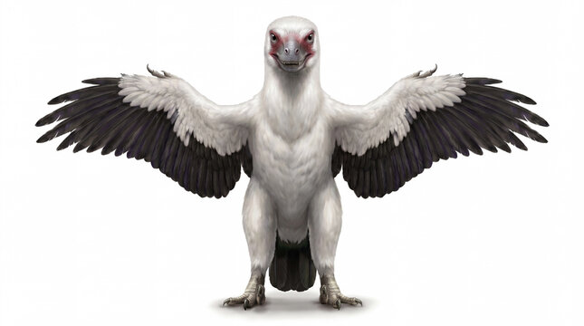 Microraptor zhaoianus in frontal view with arms fully spread, displaying symmetrical feathered wing structure and accurate anatomy in a detailed scientific paleontological reconstruction isolated on w