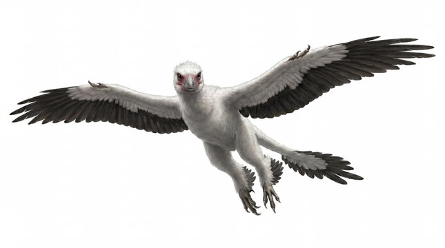 Microraptor zhaoianus gliding upward in a semi-lateral lower angle view, showing four-wing flight posture and accurate feathered anatomy in a detailed scientific paleontological reconstruction isolate