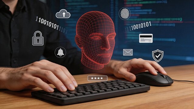 Cyber security concept with biometric face recognition scan, hacker typing code on keyboard