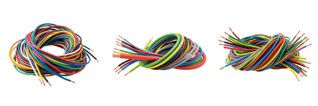 Coiled Colored Electrical Wire Set | Multi-Strand Copper Wiring Bundles Collection | Industrial Cable Harness and Electrician Supplies Isolated on White Background Asset.