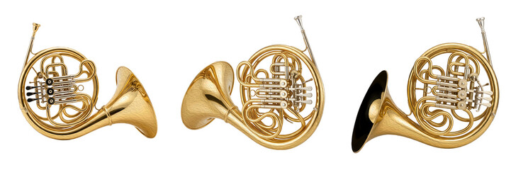 Classical Brass French Horn Set   Professional Orchestral Wind Instruments Collection   Shiny Golden French Horns with Rotary Valves Isolated on White Background Asset. © Khanji