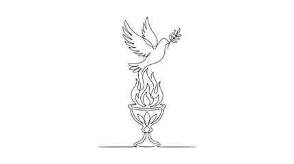 Fototapeta premium Dove with Olive Branch Flying Above Flaming Chalice, Single Line Art