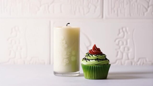 A birthday celebration setup with a cupcake and a candle on a table indoors.