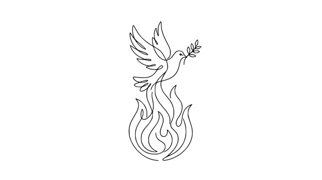 Dove with olive branch rising from flames, single line art, symbol of peace and rebirth