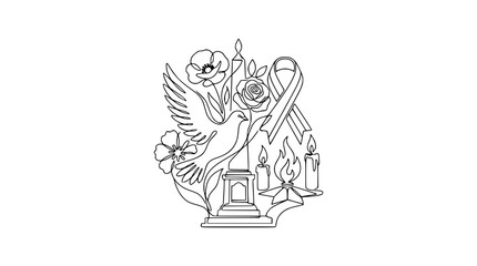 Naklejka premium Remembrance Symbols: Dove, Flowers, Candles, Ribbon Outline