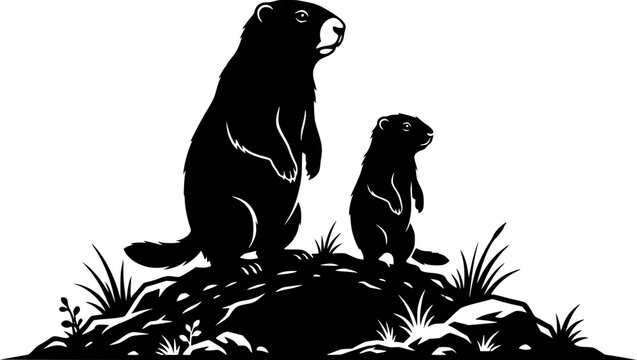 Silhouette of two Groundhog Marmot. Animals family
