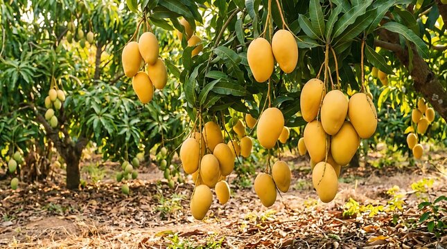 Fresh yellow mango fruits hanging on tree branches in a sunny orchard during a warm summer harvest day. ataulfo mango