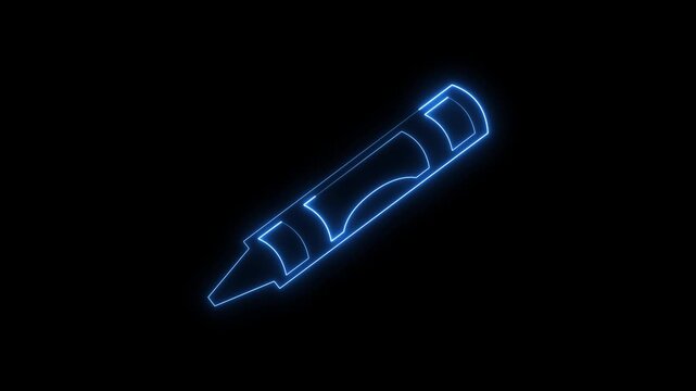 Blue neon crayon line icon animation on black background for school.