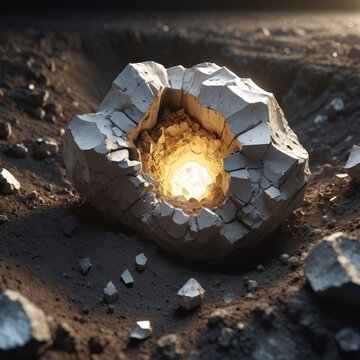 Half-buried glowing nodule unearthed concept