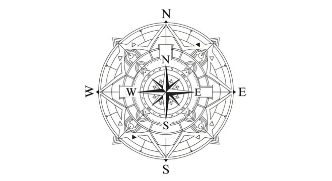 Ornate compass rose with cardinal directions N, S, E, W. Nautical navigation symbol.