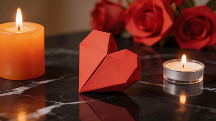 Red origami heart with candles and roses for creative digital media and visual arts