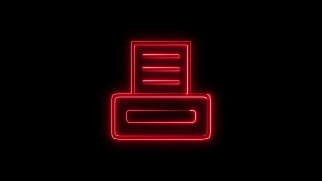 Red neon printer icon glowing on black background in seamless motion.