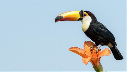 Obraz premium Vibrant toucan perches gracefully on an orange flower against a soft blue sky.
