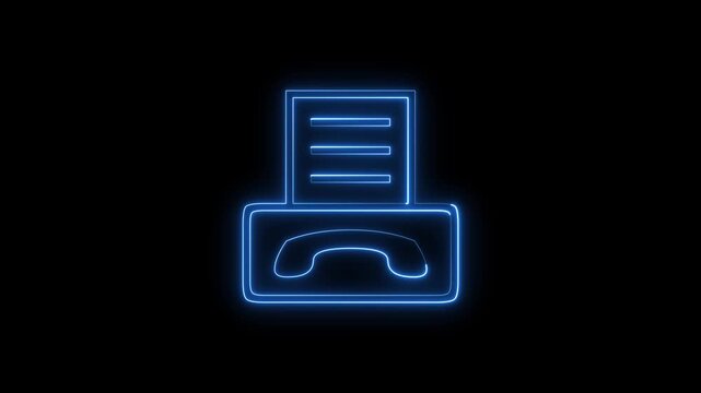 Abstract fax icon in neon light style, motion graphic on black background.