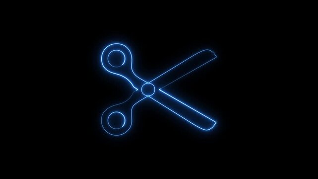 Neon blue scissors icon glowing in dark motion background for video edits.