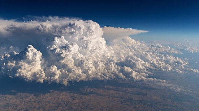 Dramatic stormy thunderhead above vast plain captured stunning naturalistic detail realism aeroplane perspective looking straight down thunderstorm cloud using dramatic dynamic of fast moving aircraft