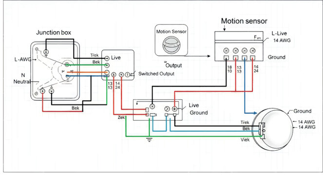 Motion sensor wiring diagram for junction box and light