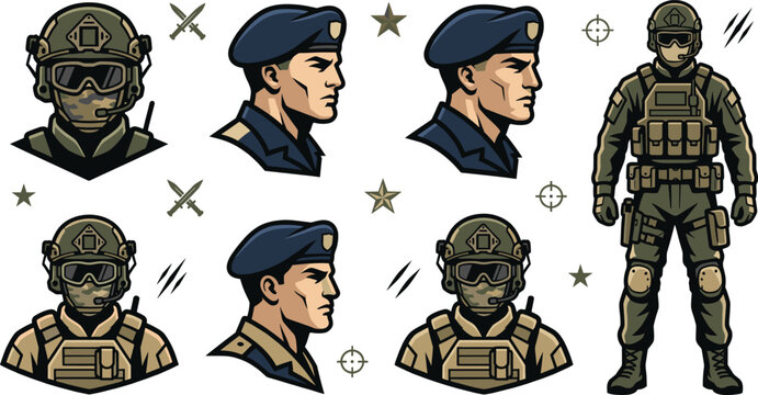 Military Soldier and Special Forces Character Collection Set with Tactical Gear Army Personnel and Defense Vector Illustration