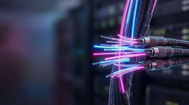 Fiber optic cables with glowing neon light signals in a server room data center
