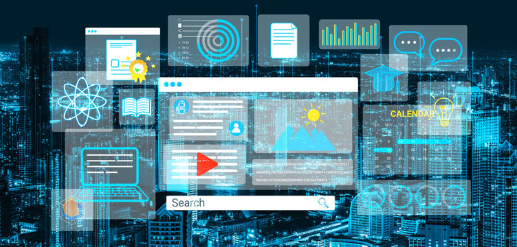 Digital Interface and Data Visualization Concept with Cityscape Background Displaying Various Elements of Technology and Information Management. Entropy.